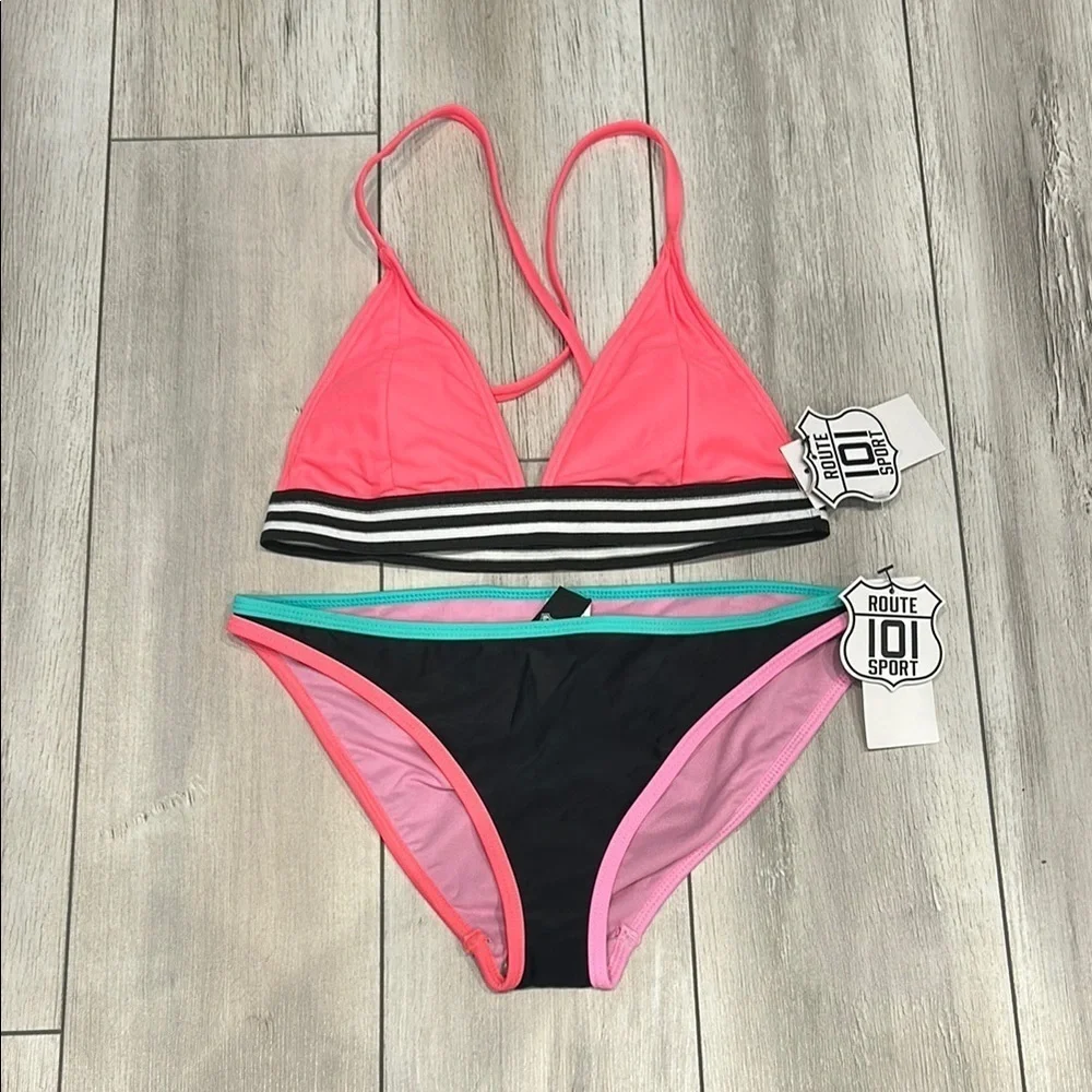 Route 101 Sport pink black bikini swim set size small